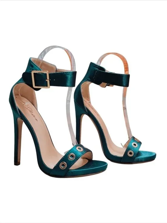 Teal Satin High Heel Sandals With Ankle Strap & Grommet Detail Womens - Picture 4 of 13